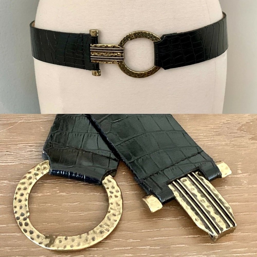 Women’s Brutalist Black Belt Brass Buckle M / L Hammered Metal Modernist modern